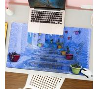 QRFASFZO Tapis de Souris Gaming - 30x80 cm - Tapis de Souris Esports - Ne Glisse jamais - Couverture complète du Bureau - Rue Bleue avec des Pots de Fleurs colorés dans la Ville de Chefchaouen au Mar