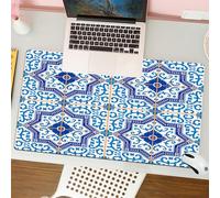QRFASFZO Tapis de Souris Gaming - 30x80 cm - Tapis de Souris Esports - Ne Glisse jamais - Couverture complète du Bureau - Magnifique Motif de Carreaux marocains Portugais Bleu foncé et Blancs avec Or