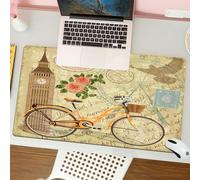 QRFASFZO Tapis de Souris Gaming - 30x80 cm - Tapis de Souris Esports - Ne Glisse jamais - Couverture complète du Bureau - Londres, Design Vintage avec Timbre-Poste Big Ben et vélo en Fleurs de Rose,