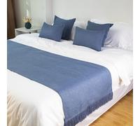 QRGMKL Chemin de lit de Couleur Unie pour Chambre à Coucher et hôtel, Foulards de lit de Luxe Moderne Protecteur de literie de Couvre-lit de Mode avec Pompon-Dark Blue||240X50cm for 1.8m Bed