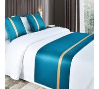 QRGMKL Chemins de lit Doux et Soyeux et Coussins Assortis Écharpe de lit de Couleur Unie Chemin de lit pour Pied de lit Couvre-lit de Couleur contrastée-Blue||2 Pillowcases(50X50cm)