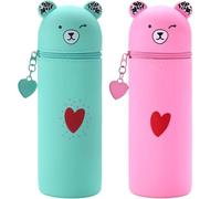 QRKPVHD 2 Stück Kawaii Bär Federmäppchen 2 in 1 aus weichem Silikon, Cartoon Bleistifthalter, Schlampermäppchen Ständer up Stifteköcher, für Schülerin Teenager, Jugendliche, Erwachsene