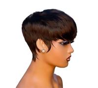 QRSTUVXZY Perruques Bob Courtes for Femmes Cheveux Humains Coupe Lutin sans Colle Perruque Droite Naturelle avec Frange en Couches sans Dentelle(Brown)