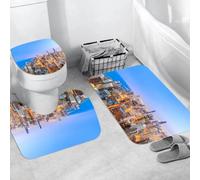 QRWOEAW Ensemble de Tapis de Bain 3 Pièces,Tapis de Salle de Bain Antidérapant et Lavable,Vue de Chicago, Photo en Noir et Blanc filtrée d'un Paysage Urbain Rivera,avec Couvercle de WC pour Toilettes