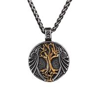 qsebhnj Norse Viking Arbre de Vie Pendentif Rond Rune Collier Yggdrasil Talisman Vintage Streetwear Neck Chain Hip Hop Bijoux Goth Accessoires pour Hommes Cadeau,d'or