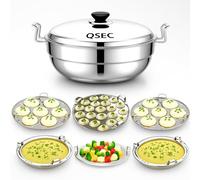 QSEC Kadai Cuiseur vapeur multi-usage avec base à induction en acier inoxydable | 6 plaques 2 Idli 1 Mini Idli 1 Dhokla 1 Patra Momo | 4 en 1