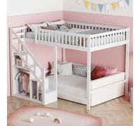 QSFCUB Lit superposé pour enfant 90 x 200 cm, lit superposé double avec escalier, espace de rangement, protection contre les chutes, lit mezzanine pour enfant et adolescent avec sommier à lattes, pin