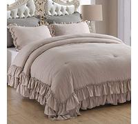 QSH Parure de lit 3 pièces à Volants Style Shabby Chic Ultra Douce en Microfibre légère pour Grand lit, Taupe