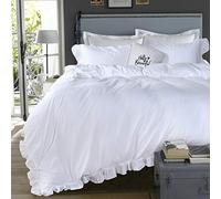 QSH Parure de lit 3 pièces en coton délavé à volants pour très grand lit, style shabby chic, style rustique, style rustique français, blanc