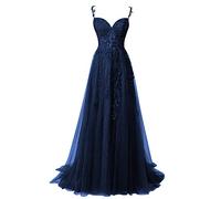 QSICO Femmes Tulle Robes de Soirée Élégantes Dentelle Appliques Robes de Bal Longue Split Robe de Bal Formelle, Bleu marine, 48
