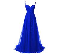 QSICO Femmes Tulle Robes de Soirée Élégantes Dentelle Appliques Robes de Bal Longue Split Robe de Bal Formelle, bleu roi, 36