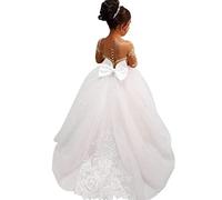 QSICO Princesse Fleurs Robes de fille à manches longues en dentelle Appliques de première communion Robes de fête d'anniversaire Robes de bal pour enfants, Blanc., 4 ans