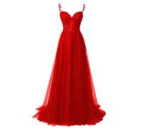 QSICO Robe de soirée élégante en tulle pour femme - Appliques en dentelle - Robe de bal longue fendue - Robe de remise de diplôme formelle, Rouge, 42