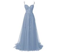 QSICO Robe de soirée élégante en tulle pour femme - Appliques en dentelle - Robe de bal longue fendue - Robe de remise de diplôme formelle, Bleu Dusty, 36