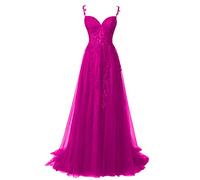 QSICO Robe de soirée élégante en tulle pour femme - Appliques en dentelle - Robe de bal longue fendue - Robe de remise de diplôme formelle, fuchsia, 42