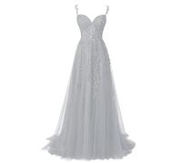 QSICO - Robe de soirée longue en tulle pour femme, élégante, en dentelle, pour bal, fendue, argent, 34