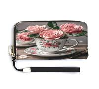 QSKDLAC Rfid Portefeuille personnalisé pour femme Motif pingouin et mer, Tasses à thé romantiques avec roses, 20.0*10.5cm, Moderne