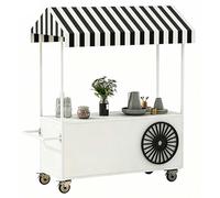 QSNYJPL Chariot de Vente Mobile avec Auvent Rayé, Stand Marché Portable à roulettes et Poignée pour Marchés, Rues, Fêtes(White,150cm/59in)