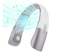 Qsocksy Ventilateur de cou portable avec 5 vitesses, rechargeable par USB avec affichage numérique, design casque, ventilateur tour de cou suspendu sans feuilles pour homme et femme, gris