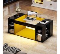QSOST 100 * 50 * 40cm Living Room Table, Hollowed-Out Coffee Table in The Middle, Tea Table with Tempered Glass Tabletop, High-Gloss LED Living Room Side Table