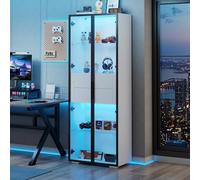 QSOST 60 * 40 * 160cm Display Cabinet, Tall cabinetS with 2 Drawers, High-Gloss Tall Cabinet with Glass Display Case and LED Lighting, Free-Standing Case, Living Room cabinetS (White+Black)
