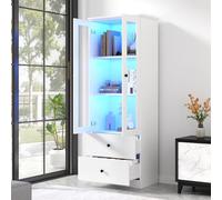 QSOST 60 x 40 x 171 cm Display Cabinet, Tall cabinetS with 2 Drawers, High-Gloss Tall Cabinet with Glass Display Case and LED Lighting, Free-Standing Case, Living Room cabinetS (White03)