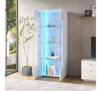 QSOST 60 x 40 x 171 cm Display Cabinet, Tall cabinetS with 2 Drawers, High-Gloss Tall Cabinet with Glass Display Case and LED Lighting, Free-Standing Case, Living Room cabinetS (White)