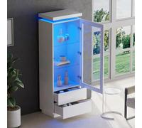 QSOST 60 x 40 x 171 cm Display Cabinet, Tall cabinetS with 2 Drawers, High-Gloss Tall Cabinet with Glass Display Case and LED Lighting, Free-Standing Case, Living Room cabinetS (White02)