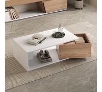 QSOST 90 * 50 * 30cm Coffee Table, 360° Freely Rotating Drawer, Coffee Table with 1 Drawer, High-Gloss Living Room Table with Open Storage Space, Sofa Table, Side Table, White + Wood