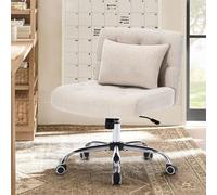 QSOST Chaise de Bureau sans accoudoirs - Chaise pivotante en Lin avec Coussin Lombaire - Chaise de Maquillage avec roulettes - pour Chambre/Bureau - Capacité de Charge de 160 kg (Beige)