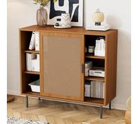 QSOST Dining Cabinet with Two Sliding Doors and Adjustable Shelves, a Rustic Style Sideboard Suitable for Living and Dining Rooms. Size: Width 100cm/Height 90cm/Depth 37cm