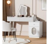 QSOST Dressing Table - with LED Mirror and Lighting, Bedroom White Dressing Table Set, Equipped with Three Spacious Drawers and One Door - Dimensions: Width 100/height 75/Depth 40 Centimeters