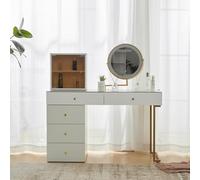 QSOST Dressing Table with LED Mirror and Lighting - White Dressing Table Set for bedrooms with 4 Spacious Drawers and 1 Open Storage Compartment, W140/D40/H130 cm (Golden,White)