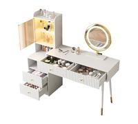 QSOST Dressing Table with LED Mirror and Lighting - White Dressing Table Set for bedrooms with 4 Spacious Drawers and 1 Open Storage Compartment, W140/D40/H130 cm (White)