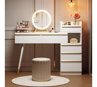 QSOST Dressing Table with LED Mirror dimmable Light, extendable Tabletop, 6 Drawers and Gold Handle, White, Size: 102 x 100 x 41.5 cm (Height x Width x Depth)
