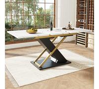 QSOST Extendable Dining Table (120-160×80cm), Kitchen Table, extendable Table, extendable to 160cm with The Help of an Internal Insert Panel, Dining Table with Golden Cross Legs