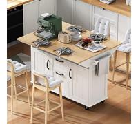 QSOST Îlot de Cuisine avec roulettes, Table à Manger Extensible, îlot de Cuisine avec Compartiment Poubelle et Porte-Serviettes, Chariot de Service Mobile avec multiprises (White+Natural)
