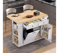 QSOST Îlot de Cuisine avec roulettes, Table à Manger Extensible, îlot de Cuisine avec Compartiment Poubelle et Porte-Serviettes, Chariot de Service Mobile avec multiprises (White)