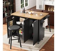 QSOST Kitchen Island, Dining Trolley with Wood Grain Finish, Buffet, 130x45(75) x92cm, extendable Kitchen Trolley on Wheels with Towel Rack, Spice Rack, Adjustable dividers, 3 Doors (Black)