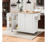 QSOST Kitchen Island, Dining Trolley with Wood Grain Finish, Buffet, 130x45(75) x92cm, extendable Kitchen Trolley on Wheels with Towel Rack, Spice Rack, Adjustable dividers, 3 Doors