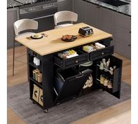QSOST Kitchen Island with castors, extendable Dining Table, Kitchen Island with Waste Bin Compartment and Towel Rail, Mobile Serving Trolley with Power Strips