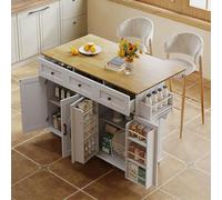 QSOST Kitchen Island with Folding worktop, Equipped with 5 Lockable castors, 4 Doors, 3 Drawers, Door Shelf, Double-Sided Towel Rails, Barn-Style Design, White, 140x43(70) x90.5 cm