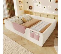 QSOST Lit au Sol Enfant Velours Beige 140x190 cm - Lit rembourré Montessori avec barrière de sécurité Amovible,Sac de Rangement intégré,Haute clôture sans Matelas (Beige)