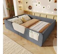 QSOST Lit au Sol Enfant Velours Gris 140x190 cm - Lit rembourré Montessori avec barrière de sécurité Amovible,Sac de Rangement intégré,Haute clôture sans Matelas (Gris)