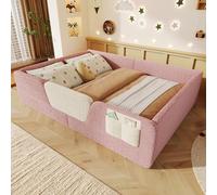 QSOST Lit au Sol Enfant Velours Rose 140x190 cm - Lit rembourré Montessori avec barrière de sécurité Amovible,Sac de Rangement intégré,Haute clôture sans Matelas (Rose)