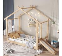 QSOST Lit Cabane 90x200 cm, Lit Enfant en Bois avec Toboggan, avec Tableau Blanc (Peut écrire), Cadre en Bois Naturel Robuste, pour Garçon et Fille