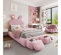 QSOST Lit Enfant 90x200 cm, Lit Princesse avec LED, Lits Fille avec sommier à Lattes et tête de litss réglable, avec Tabouret de Rangement, Rose, Facile à Assembler (90x200 cm - A)