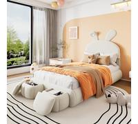 QSOST Lit Enfant 90x200 cm, Lit Princesse avec LED, Lits Fille avec sommier à Lattes et tête de litss réglable, avec Tabouret de Rangement, Facile à Assembler (90x200 cm - A)