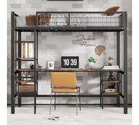 QSOST Lit Mezzanine 90×200 cm avec Bureau et étagère avec escalier de sécurité et Haute clôture, Lits superposés en métal multifonctionnels, idéal pour Les Adolescents et Les Enfants