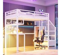QSOST Lit Mezzanine 90 x 200 cm avec Bureau & LED, Lit Superposé Enfant avec Escalier et Balustrade, Prises USB/Type-C, Cadre métallique Robuste, Facile à Assembler, sans Matelas (White)